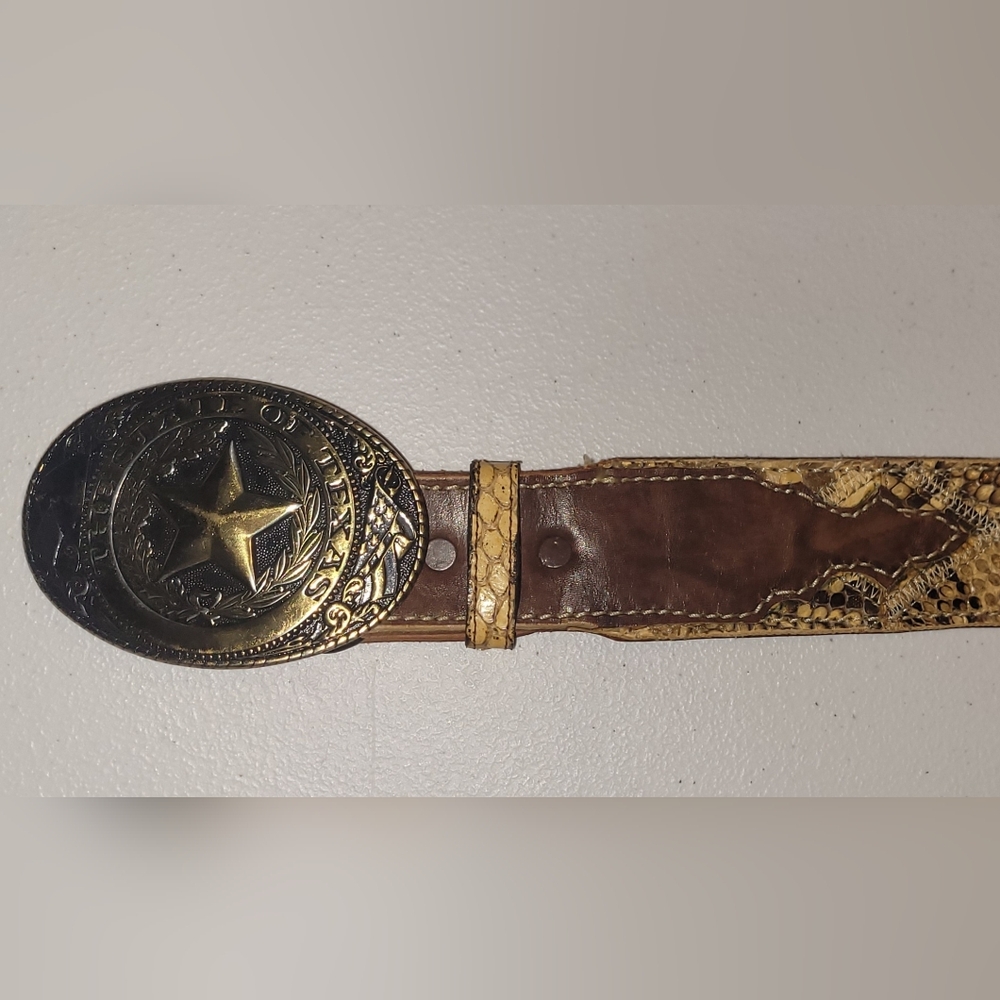 Brown Leather Belt with Rattlesnake Skin And Gold Texas Star Buckle, 45"